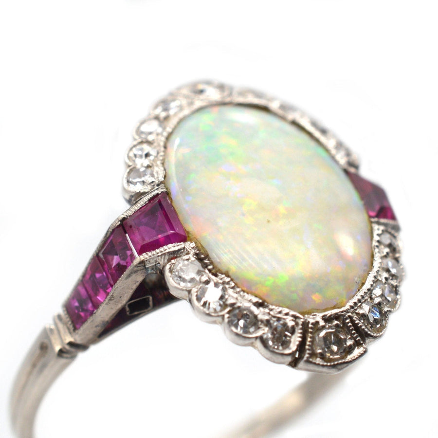 Art Deco 18ct White Gold & Platinum, Opal & Burma Ruby Ring | Parkin and Gerrish | Antique & Vintage Jewellery