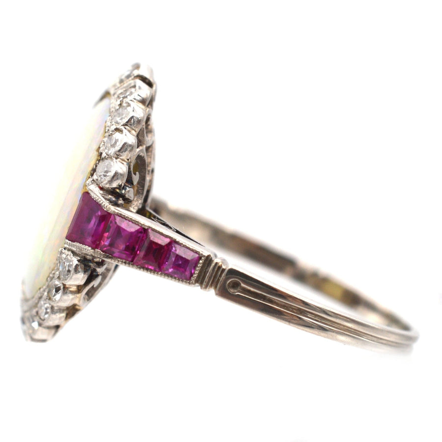 Art Deco 18ct White Gold & Platinum, Opal & Burma Ruby Ring | Parkin and Gerrish | Antique & Vintage Jewellery