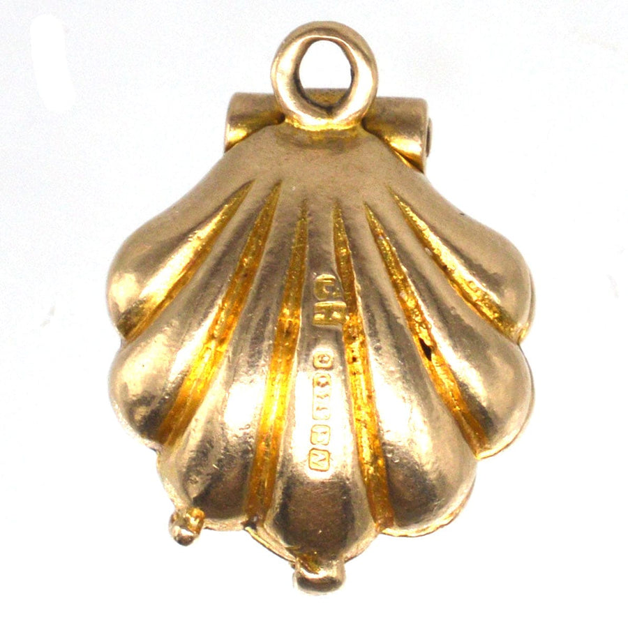Art Deco 9ct Gold Opening Scallop Shell with Pearl Charm Pendant | Parkin and Gerrish | Antique & Vintage Jewellery