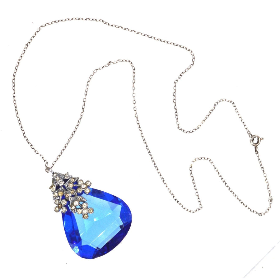 Art Deco Chrome Blue and White Paste Pendant on Silver Chain | Parkin and Gerrish | Antique & Vintage Jewellery