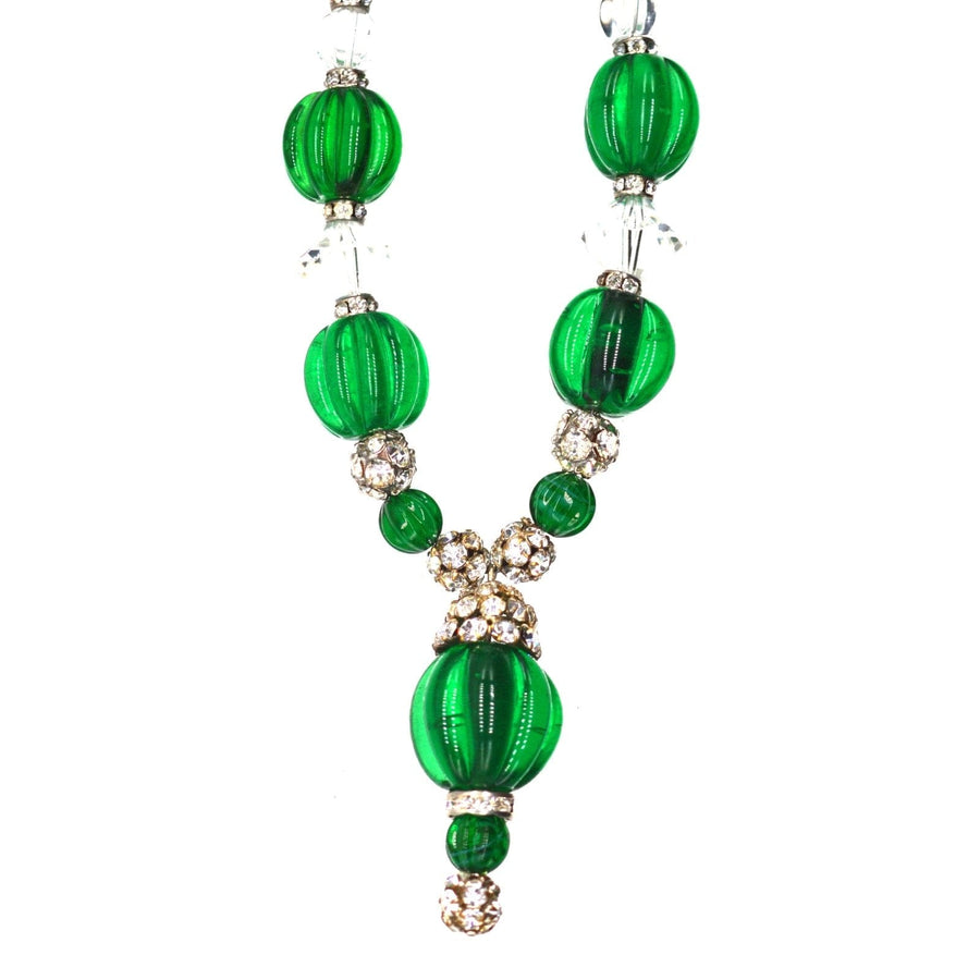 Art Deco "Emerald" Green & White Glass and Rhinestone Beaded Necklace by Miriam Haskell | Parkin and Gerrish | Antique & Vintage Jewellery