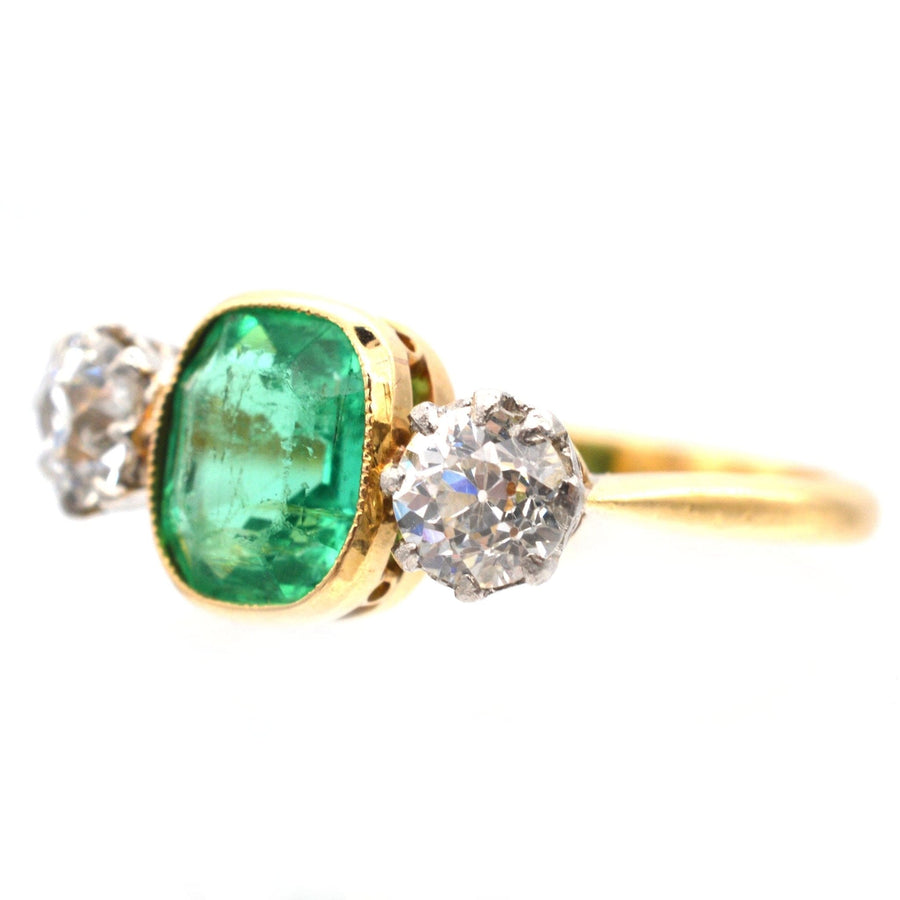 Art Deco Platinum & 18ct Gold Emerald & Diamond Three Stone Ring | Parkin and Gerrish | Antique & Vintage Jewellery