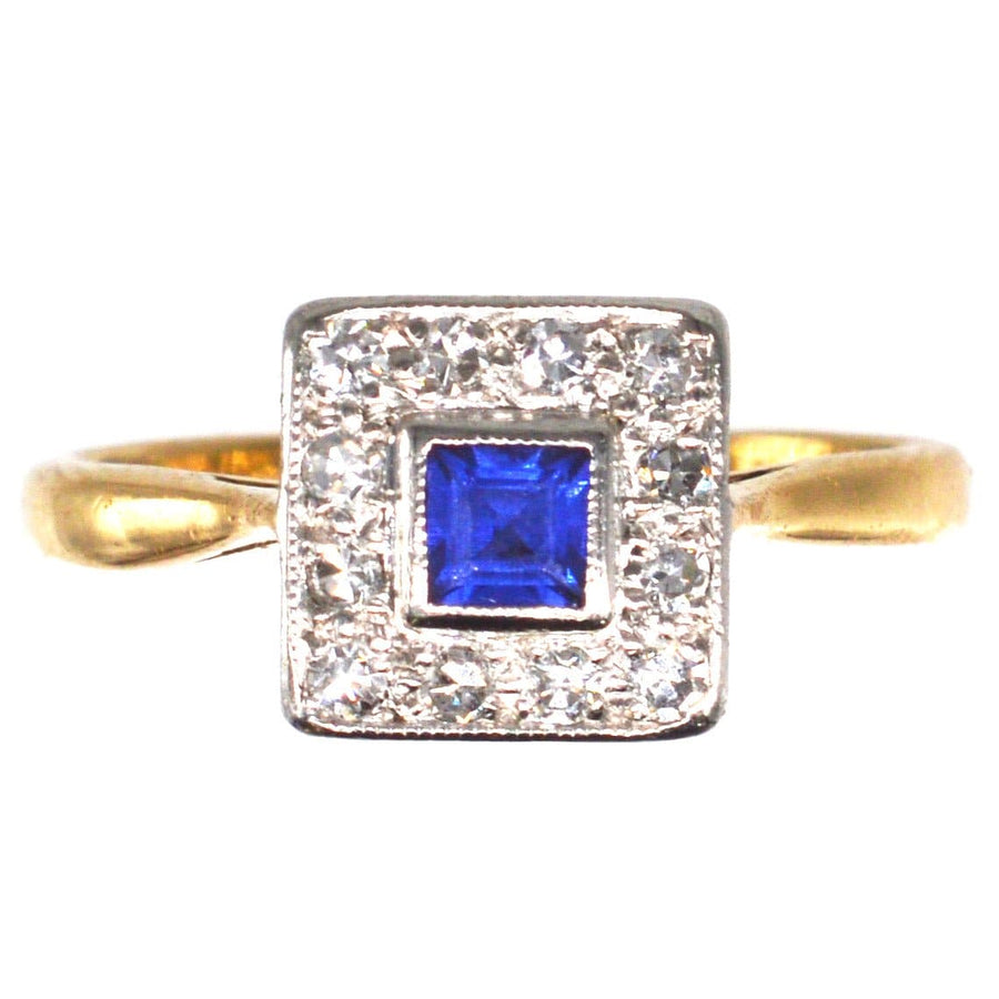 Art Deco Platinum & 18ct Gold, Sapphire and Diamond Square Cluster Ring | Parkin and Gerrish | Antique & Vintage Jewellery