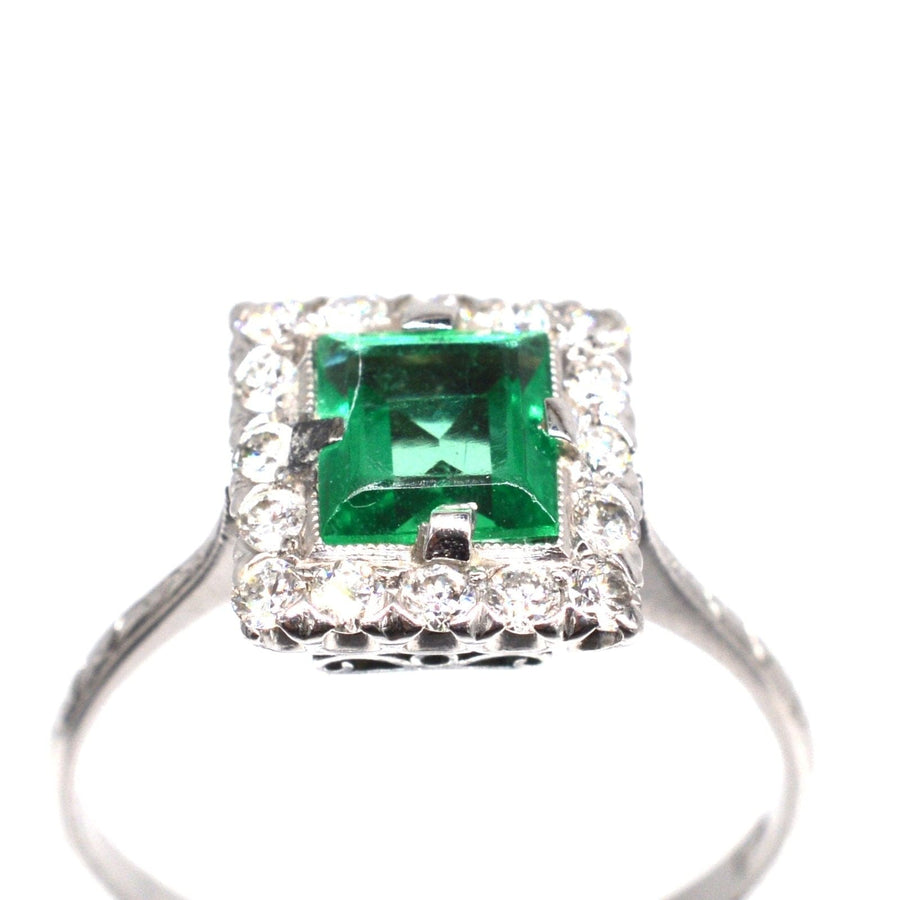 Art Deco Platinum Rectangular Emerald and Diamond Cluster Ring | Parkin and Gerrish | Antique & Vintage Jewellery