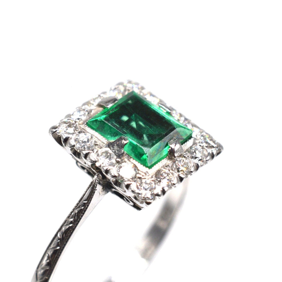 Art Deco Platinum Rectangular Emerald and Diamond Cluster Ring | Parkin and Gerrish | Antique & Vintage Jewellery