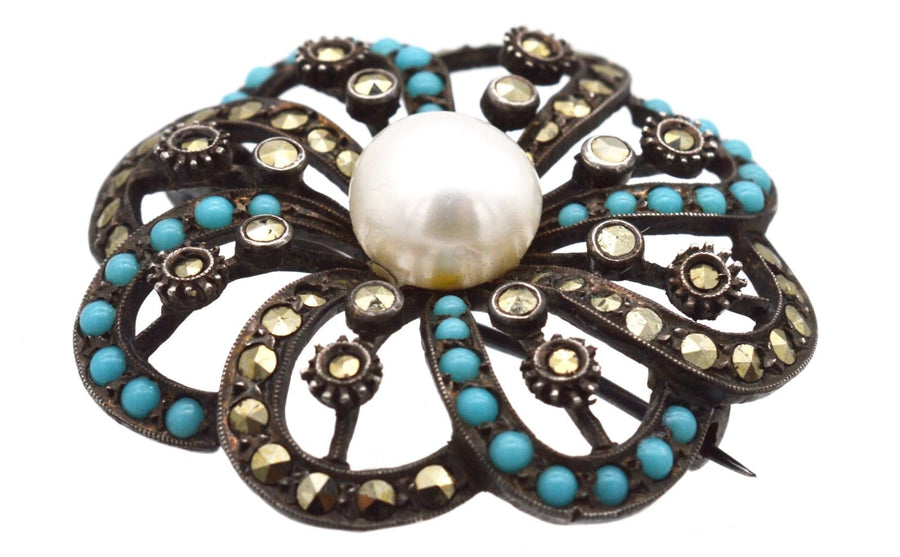 Art Deco Silver Marcasite Turquoise and Cultured Pearl Brooch | Parkin and Gerrish | Antique & Vintage Jewellery
