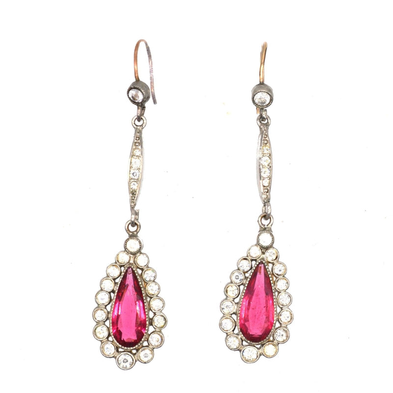 Boucles d'oreilles pendantes Art déco en forme de poire, en pâte de rubis rouge argentée