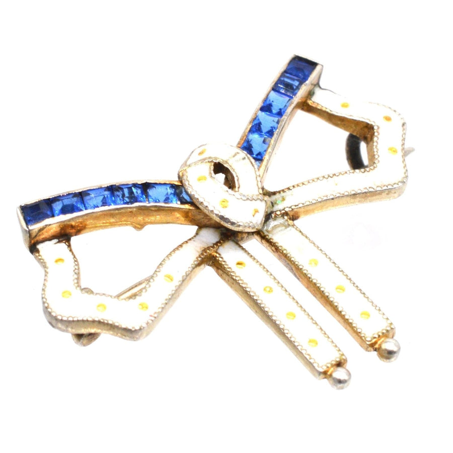 Art Deco Silver White Enamel and Blue 'Sapphire' Paste Bow Brooch | Parkin and Gerrish | Antique & Vintage Jewellery