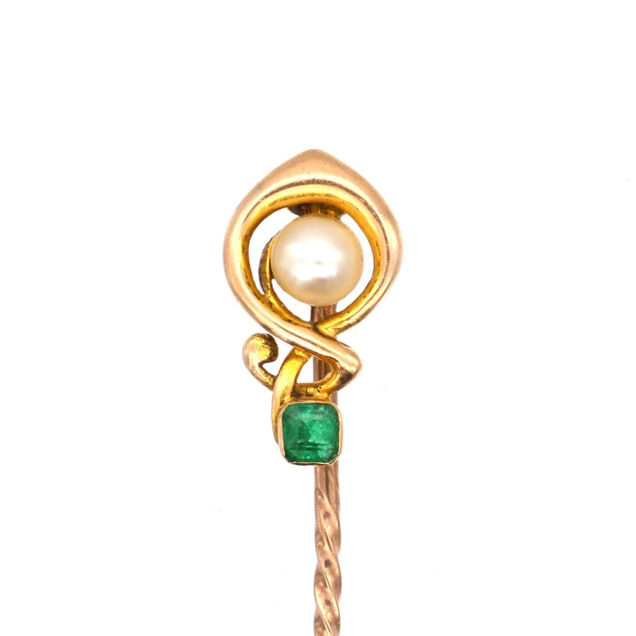 Art Nouveau 15ct Gold, Emerald & Pearl Tie Pin | Parkin and Gerrish | Antique & Vintage Jewellery