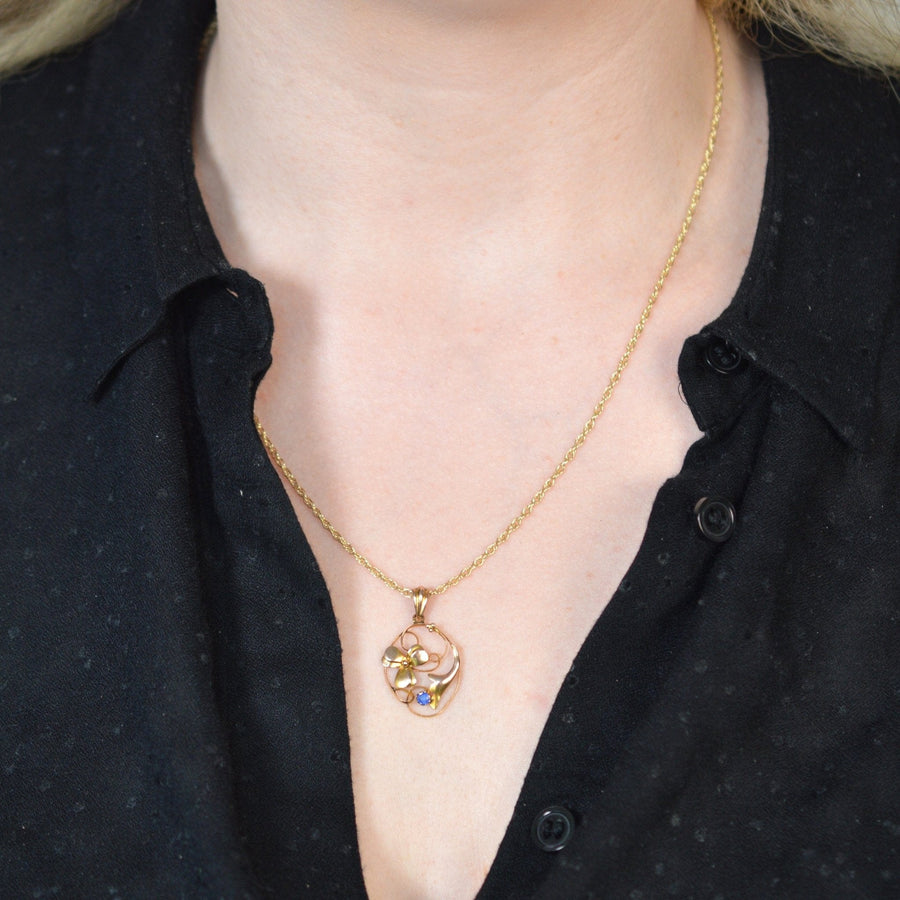 Art Nouveau 9ct Gold Floral Pendant with a Sapphire | Parkin and Gerrish | Antique & Vintage Jewellery