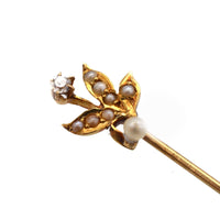 Edwardian 14ct Gold, Natural Pearl Leaves and a Diamond Flower Tie Pin | Parkin and Gerrish (UK)