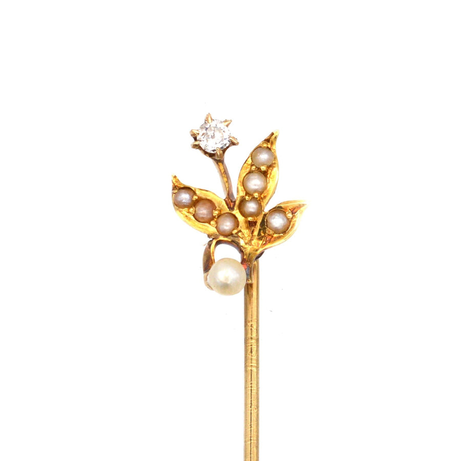 Edwardian 14ct Gold, Natural Pearl Leaves and a Diamond Flower Tie Pin | Parkin and Gerrish | Antique & Vintage Jewellery