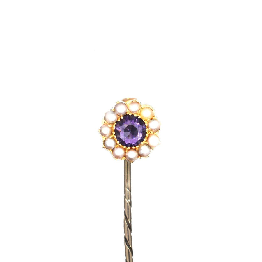Edwardian 15ct Gold, Amethyst and Pearl Pin | Parkin and Gerrish | Antique & Vintage Jewellery