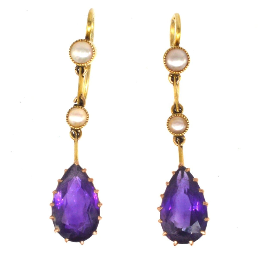 Edwardian 15ct Gold Amethyst and Split Pearl Gold Drop Earrings | Parkin and Gerrish | Antique & Vintage Jewellery
