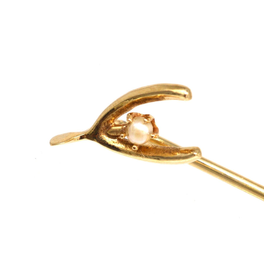 Edwardian 15ct Gold and Natural Pearl Wishbone Tie Pin | Parkin and Gerrish | Antique & Vintage Jewellery