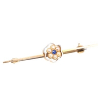Edwardian 15ct Gold and Platinum Bar Brooch with Sapphire and Pearl Cluster Flower | Parkin and Gerrish (UK)