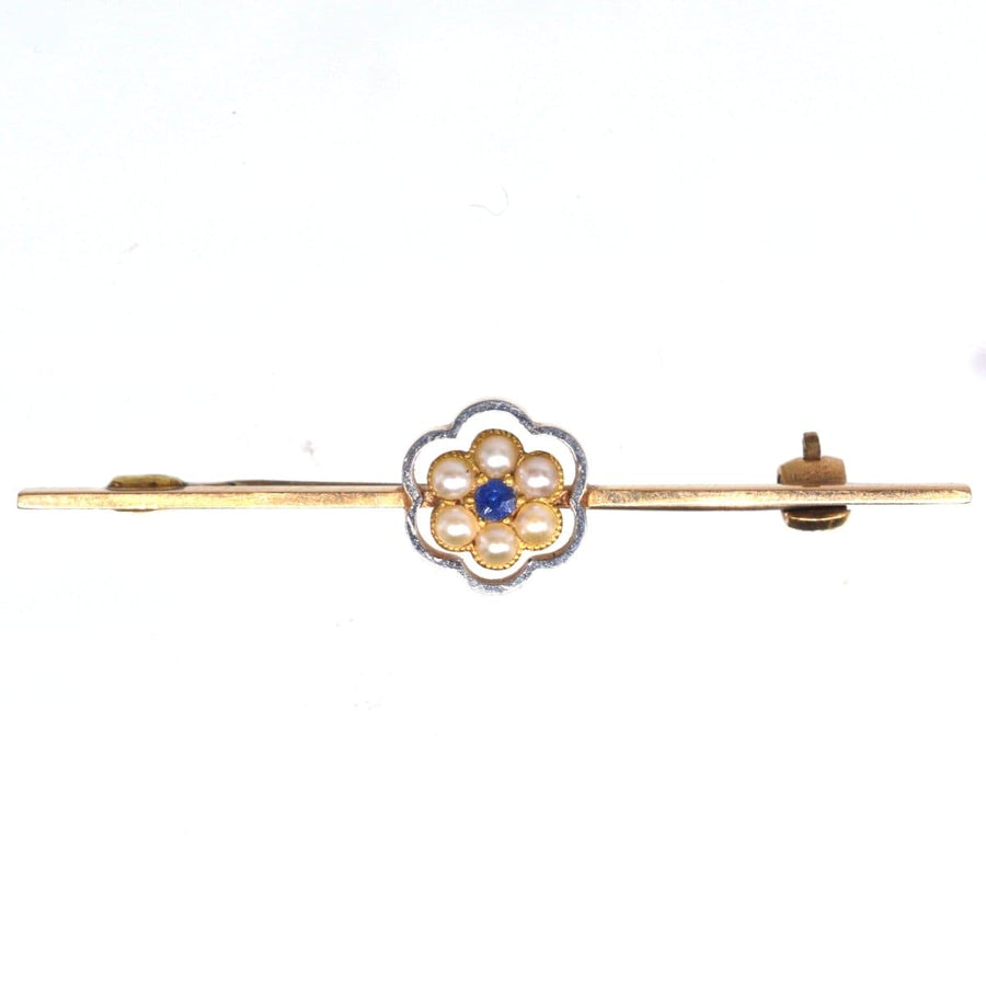 Edwardian 15ct Gold and Platinum Bar Brooch with Sapphire and Pearl Cluster Flower | Parkin and Gerrish | Antique & Vintage Jewellery