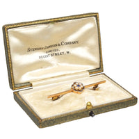 Edwardian 15ct Gold and Platinum Bar Brooch with Sapphire and Pearl Cluster Flower | Parkin and Gerrish (UK)