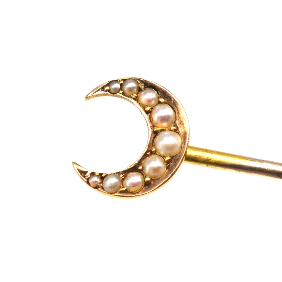 Edwardian 15ct Gold Cheshire Moon / "Wet Moon" Tie Pin with Split Pearls | Parkin and Gerrish | Antique & Vintage Jewellery