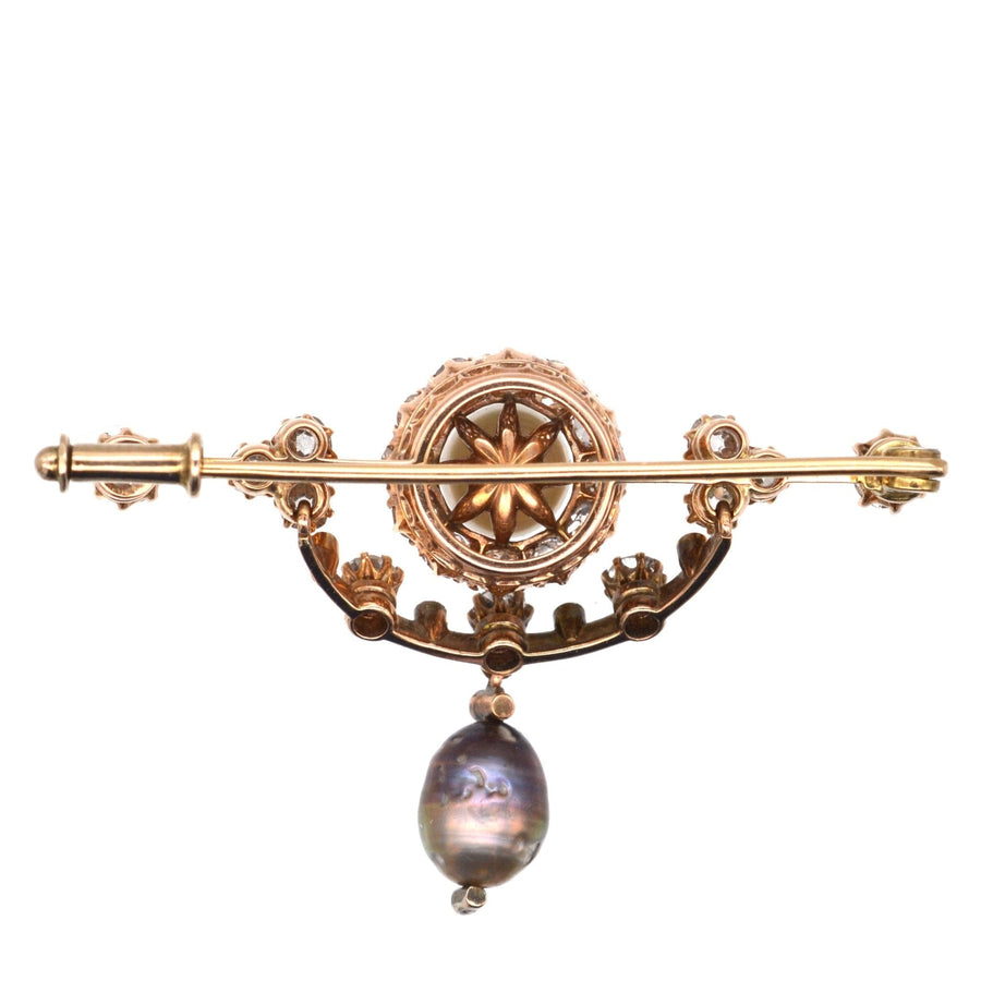 Edwardian 15ct Gold, Diamond, Black and White Pearl Bar Brooch | Parkin and Gerrish | Antique & Vintage Jewellery
