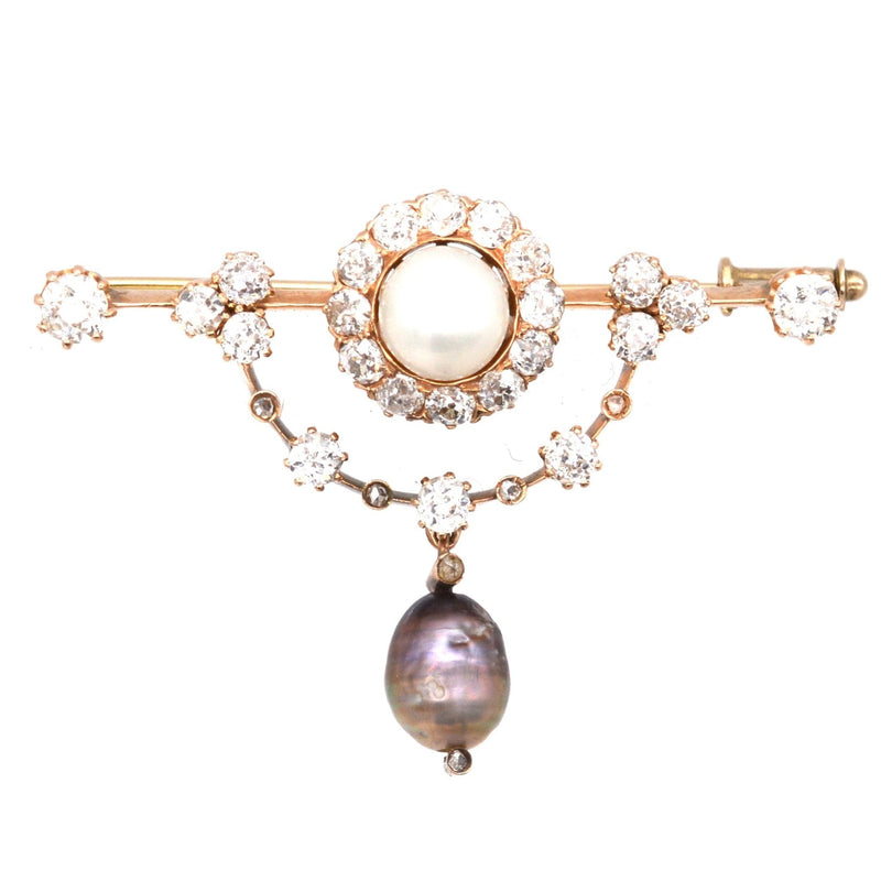 Edwardian 15ct Gold, Diamond, Black and White Pearl Bar Brooch