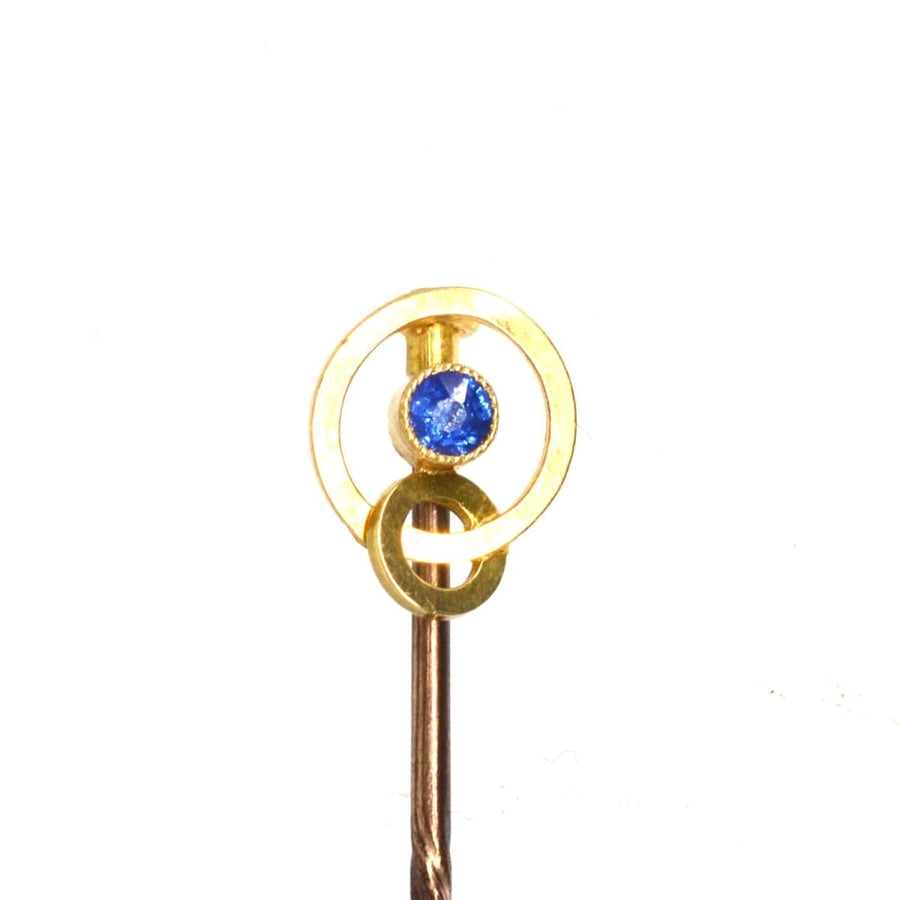 Edwardian 15ct Gold Double Circle Tie Pin set with a Sapphire | Parkin and Gerrish | Antique & Vintage Jewellery