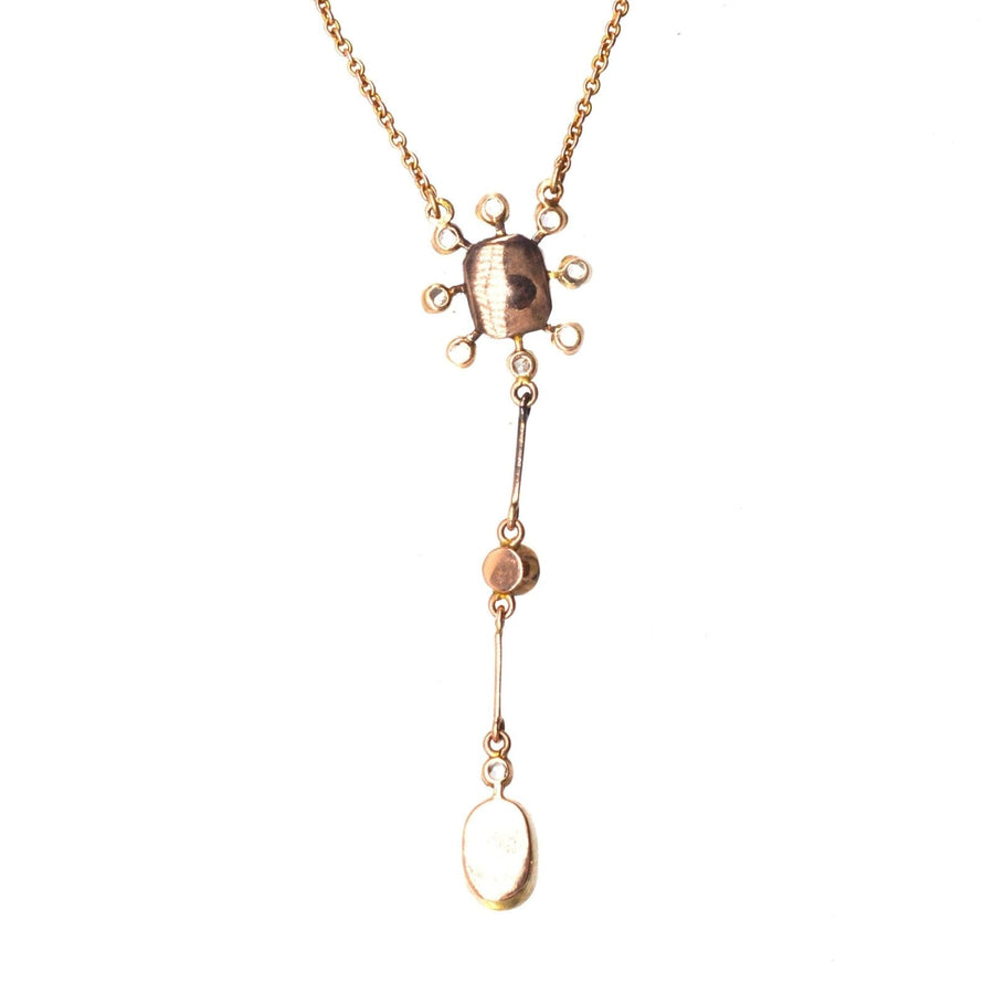Edwardian 15ct Gold Emerald & Rose Cut Diamond Cluster and Natural Pearl Drop Pendant on 9ct Gold Chain | Parkin and Gerrish | Antique & Vintage Jewellery