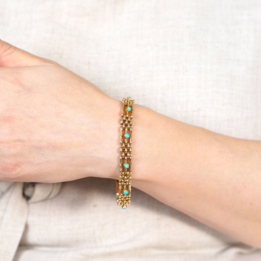 Edwardian 15ct Gold Gate Bracelet with Turquoise | Parkin and Gerrish | Antique & Vintage Jewellery