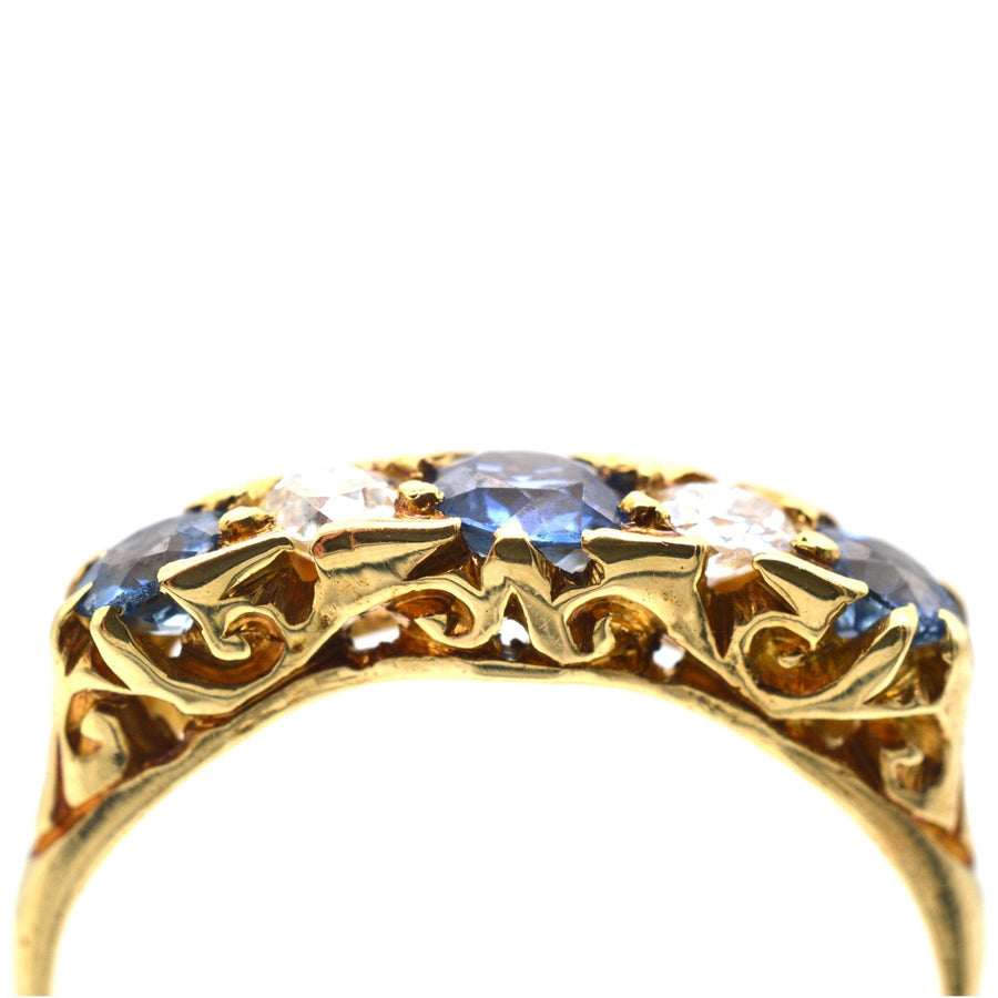 Edwardian 15ct Gold, Half Carved Half Hoop, Cornflower Sapphire and Diamond Five Stone Ring | Parkin and Gerrish | Antique & Vintage Jewellery