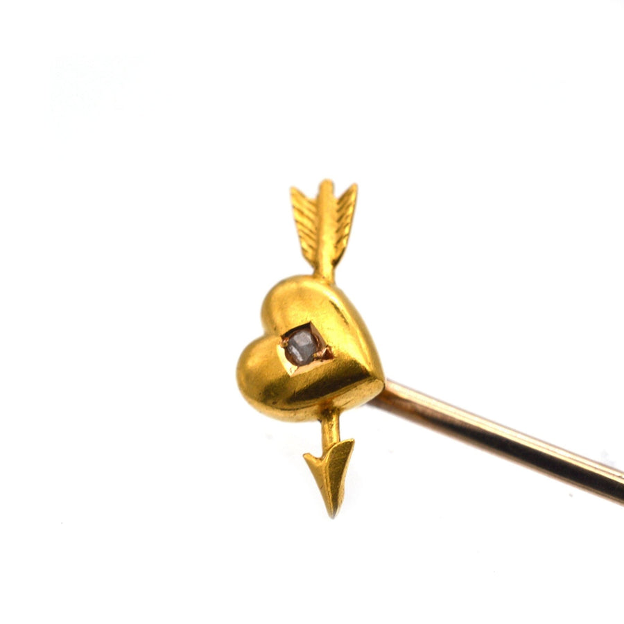 Edwardian 15ct Gold Heart and Arrow Tie Pin with a Rose Diamond _|_Parkin and Gerrish_|_Antique_&_Vintage_Jewellery