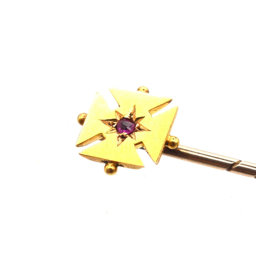 Edwardian 15ct Gold Maltese Cross Tie Pin with Ruby | Parkin and Gerrish | Antique & Vintage Jewellery