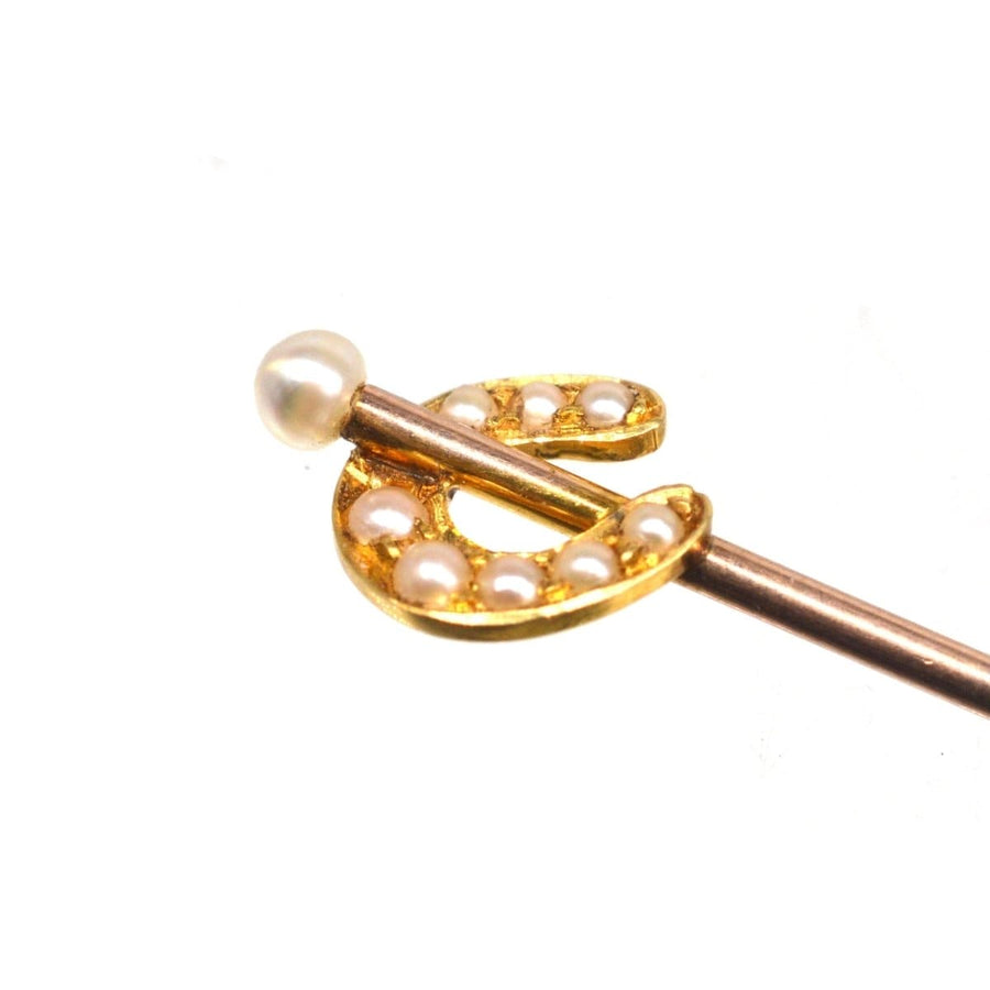 Edwardian 15ct Gold Pearl Horseshoe Tie Pin with a Natural Pearl on Top | Parkin and Gerrish | Antique & Vintage Jewellery