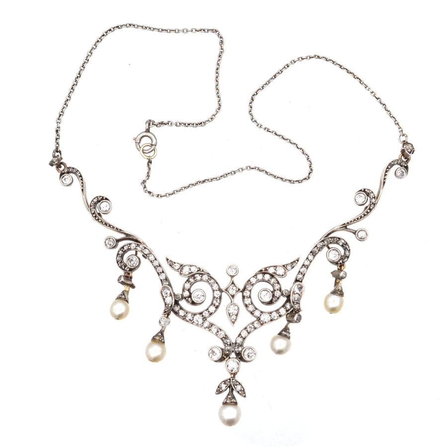 Edwardian 15ct Gold & Platinum, Natural Pearl & Diamond Necklace in Original Case | Parkin and Gerrish | Antique & Vintage Jewellery
