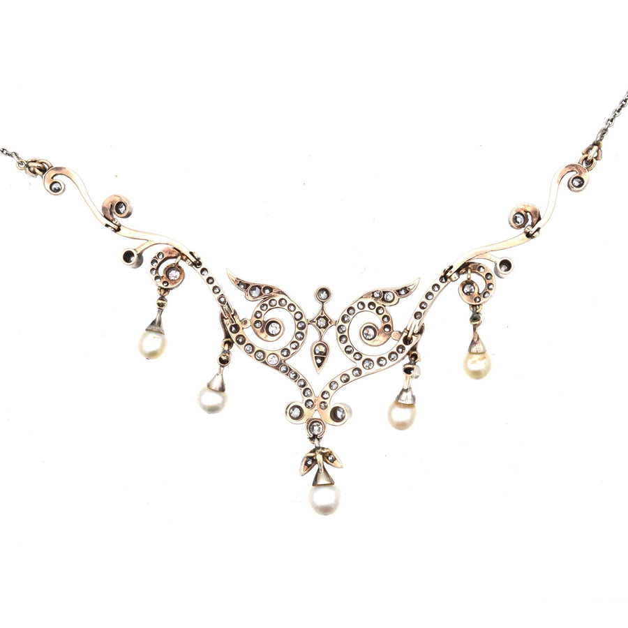 Edwardian 15ct Gold & Platinum, Natural Pearl & Diamond Necklace in Original Case | Parkin and Gerrish | Antique & Vintage Jewellery