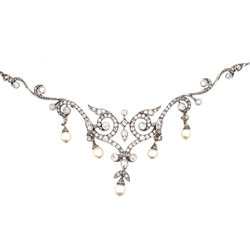 Edwardian 15ct Gold & Platinum, Natural Pearl & Diamond Necklace in Original Case