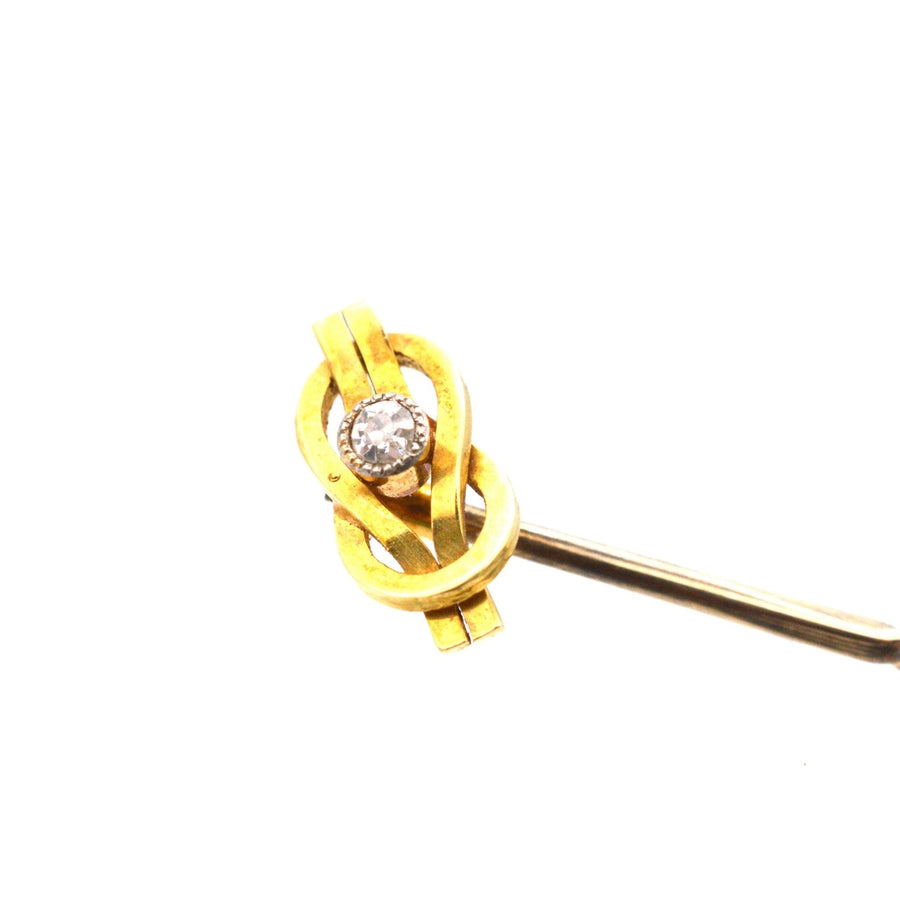 Edwardian 15ct Gold Reef Knot "Lover's Knot" Tie Pin with a Diamond | Parkin and Gerrish | Antique & Vintage Jewellery