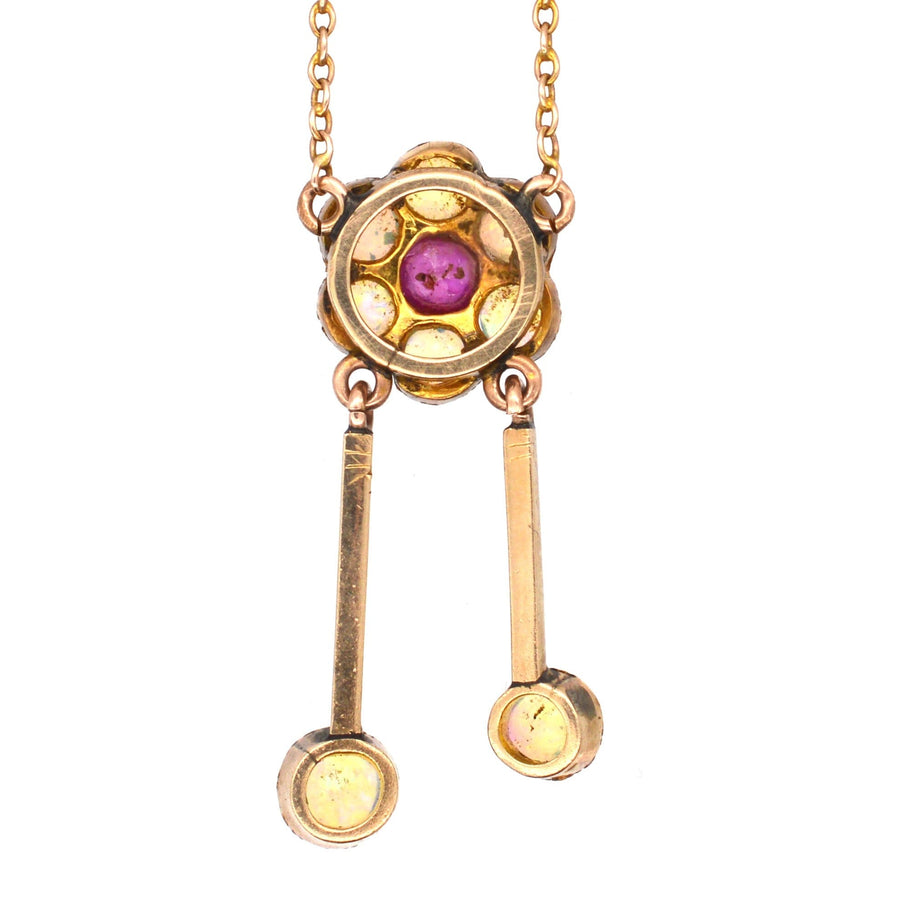 Edwardian 15ct Gold, Ruby and Opal Cluster Negligee (Double Drop) Pendant with Chain | Parkin and Gerrish | Antique & Vintage Jewellery
