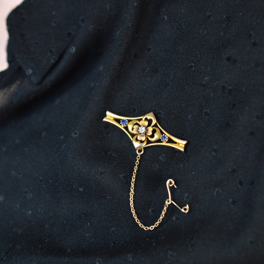Edwardian 15ct Gold, Sapphire & Diamond Flower Bar Brooch | Parkin and Gerrish | Antique & Vintage Jewellery