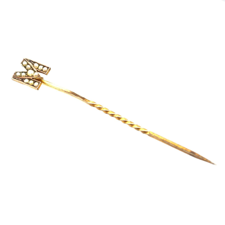 Edwardian 15ct Gold, Seed Pearl Letter 'M' Tie Pin | Parkin and Gerrish | Antique & Vintage Jewellery