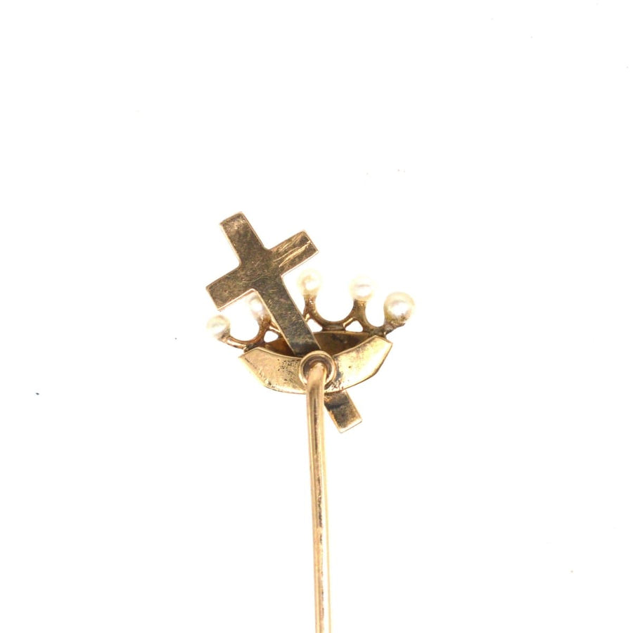 Edwardian 15ct Gold & Seed Pearl Tie Pin of a Cross and a Crown | Parkin and Gerrish | Antique & Vintage Jewellery