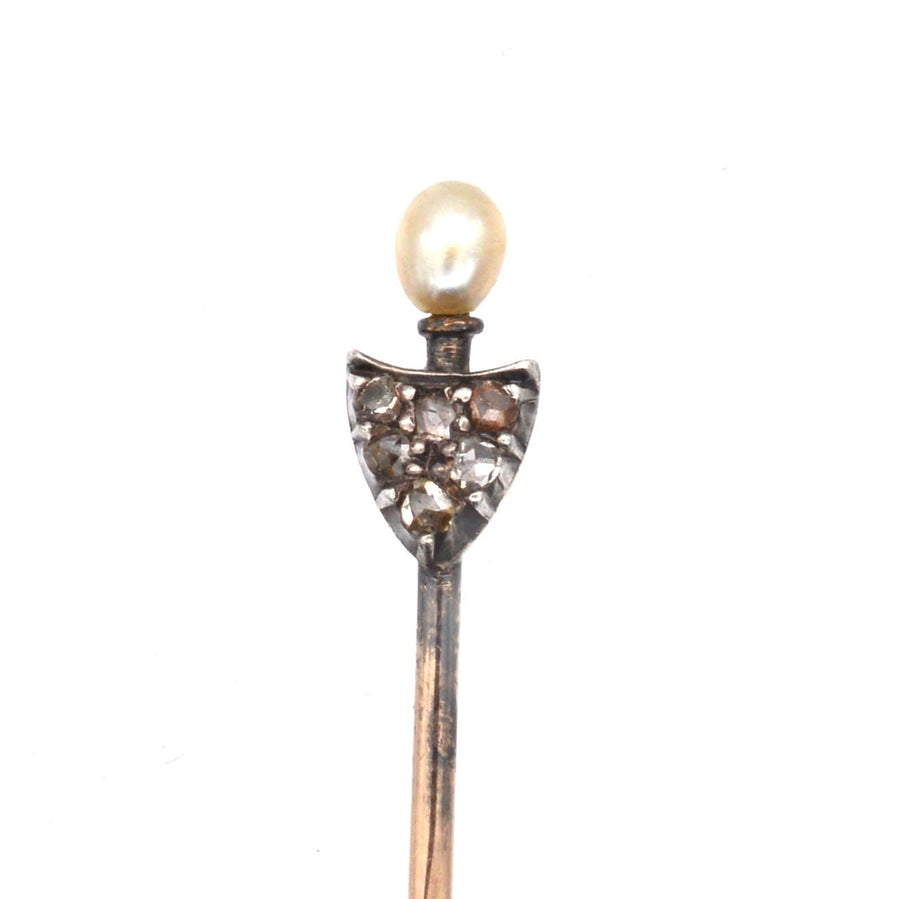 Edwardian 15ct Gold & Silver, Rose Diamond & Natural Pearl Shield Tie Pin | Parkin and Gerrish | Antique & Vintage Jewellery