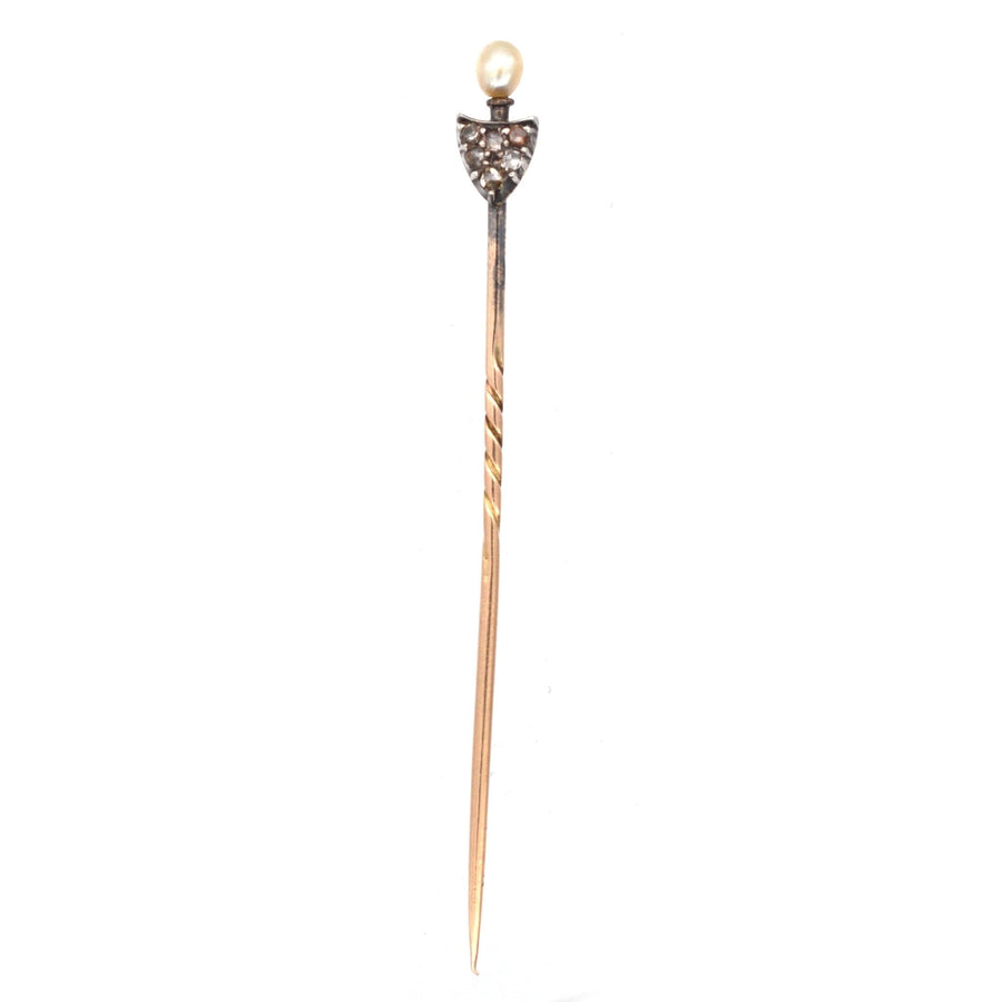 Edwardian 15ct Gold & Silver, Rose Diamond & Natural Pearl Shield Tie Pin | Parkin and Gerrish | Antique & Vintage Jewellery