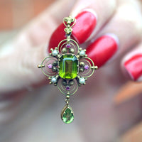 Edwardian 15ct Gold Suffragette Pendant with Peridot, Pearls and Rubies | Parkin and Gerrish (UK)