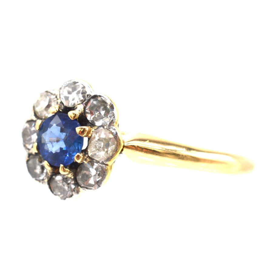 Edwardian 18ct Gold and Platinum, Ceylon Sapphire and Diamond Cluster Ring | Parkin and Gerrish | Antique & Vintage Jewellery