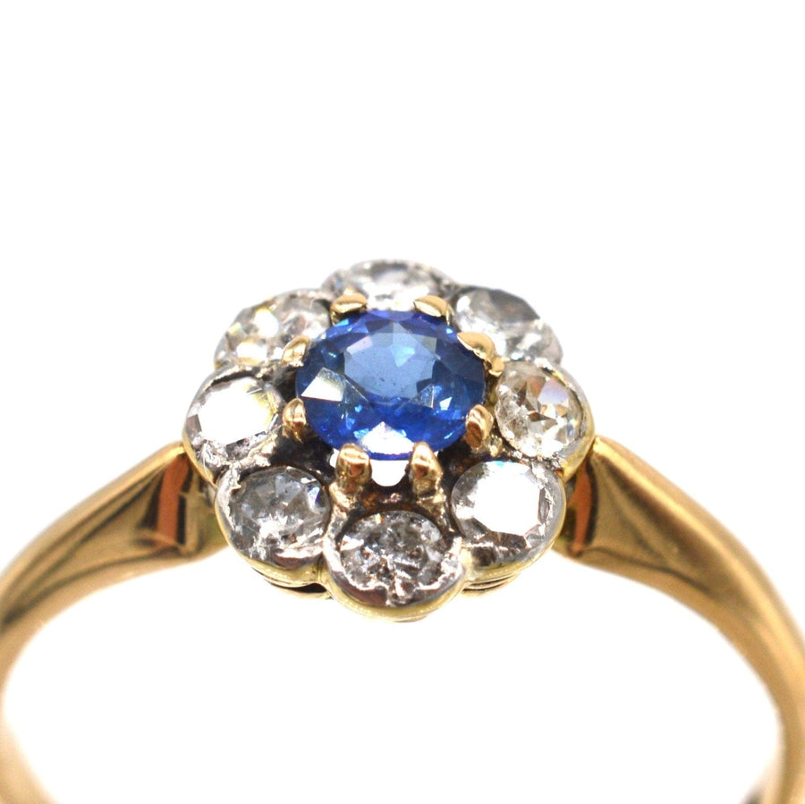 Edwardian 18ct Gold and Platinum, Ceylon Sapphire and Diamond Cluster Ring | Parkin and Gerrish | Antique & Vintage Jewellery