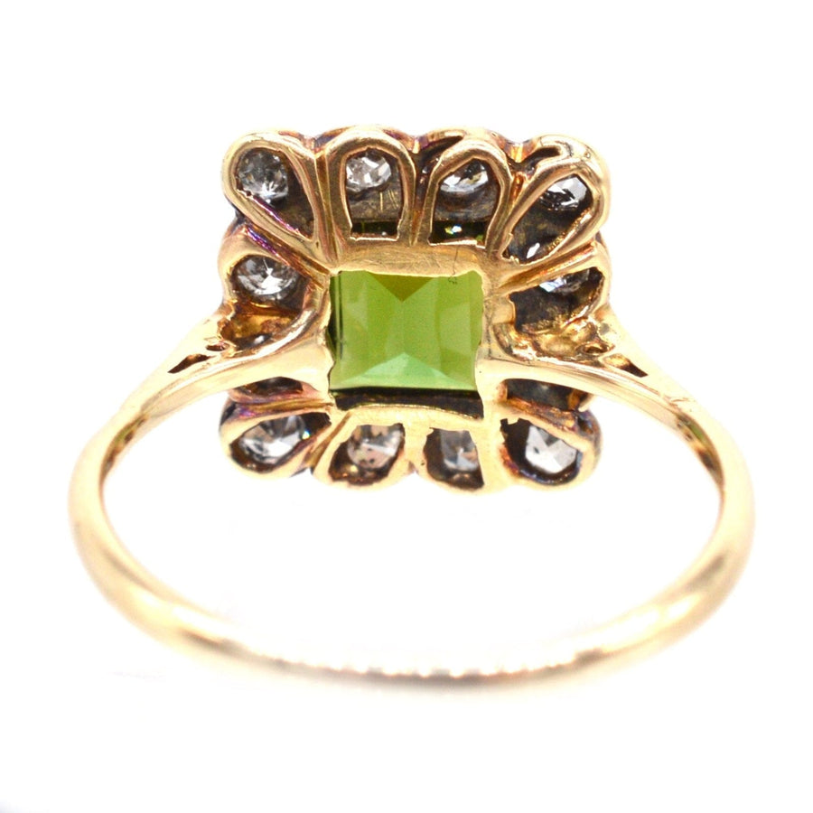 Edwardian 18ct gold and Platinum, Green Tourmaline & Diamond Square Cluster Ring | Parkin and Gerrish | Antique & Vintage Jewellery