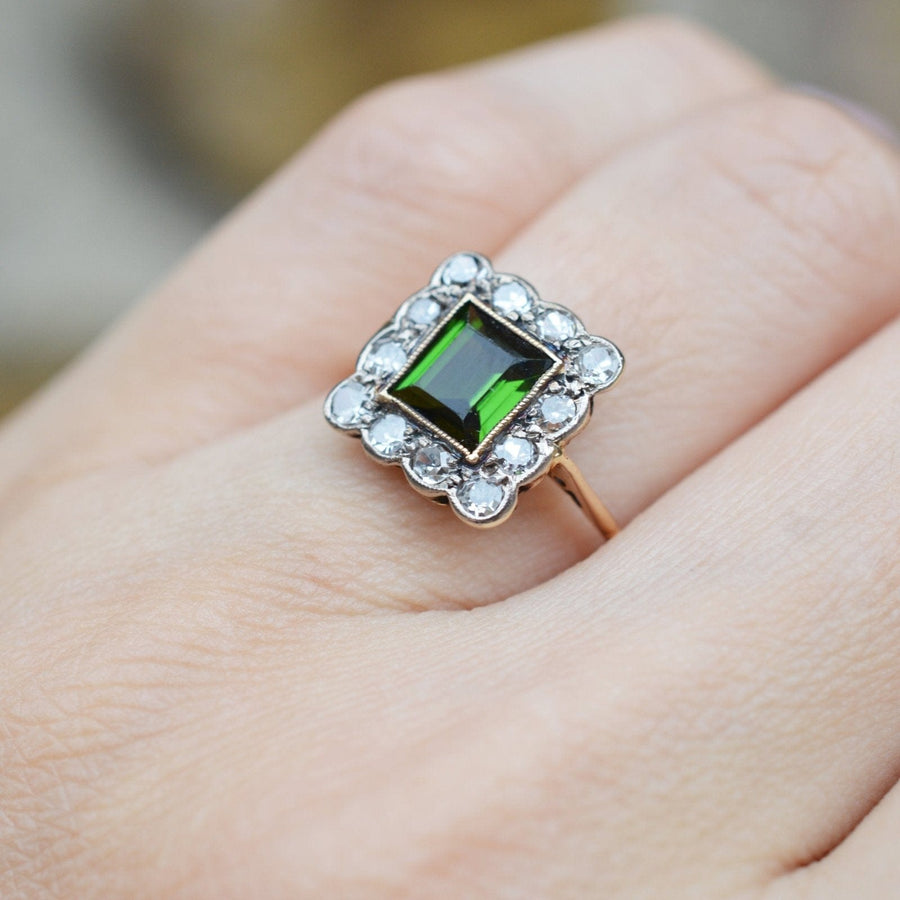 Edwardian 18ct gold and Platinum, Green Tourmaline & Diamond Square Cluster Ring | Parkin and Gerrish | Antique & Vintage Jewellery