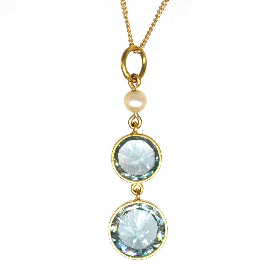 Edwardian 18ct Gold Blue Zircon Drop Pendant with Pearl on 9ct Gold Chain | Parkin and Gerrish | Antique & Vintage Jewellery
