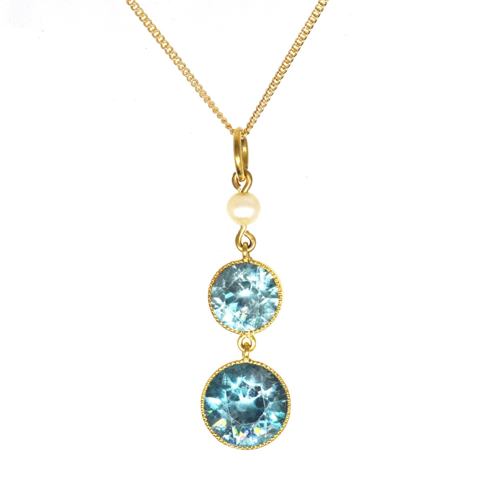 Edwardian 18ct Gold Blue Zircon Drop Pendant with Pearl on 9ct