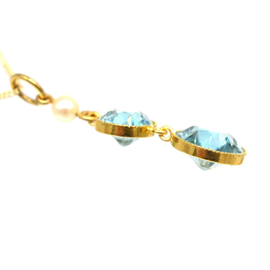 Edwardian 18ct Gold Blue Zircon Drop Pendant with Pearl on 9ct Gold Chain | Parkin and Gerrish | Antique & Vintage Jewellery